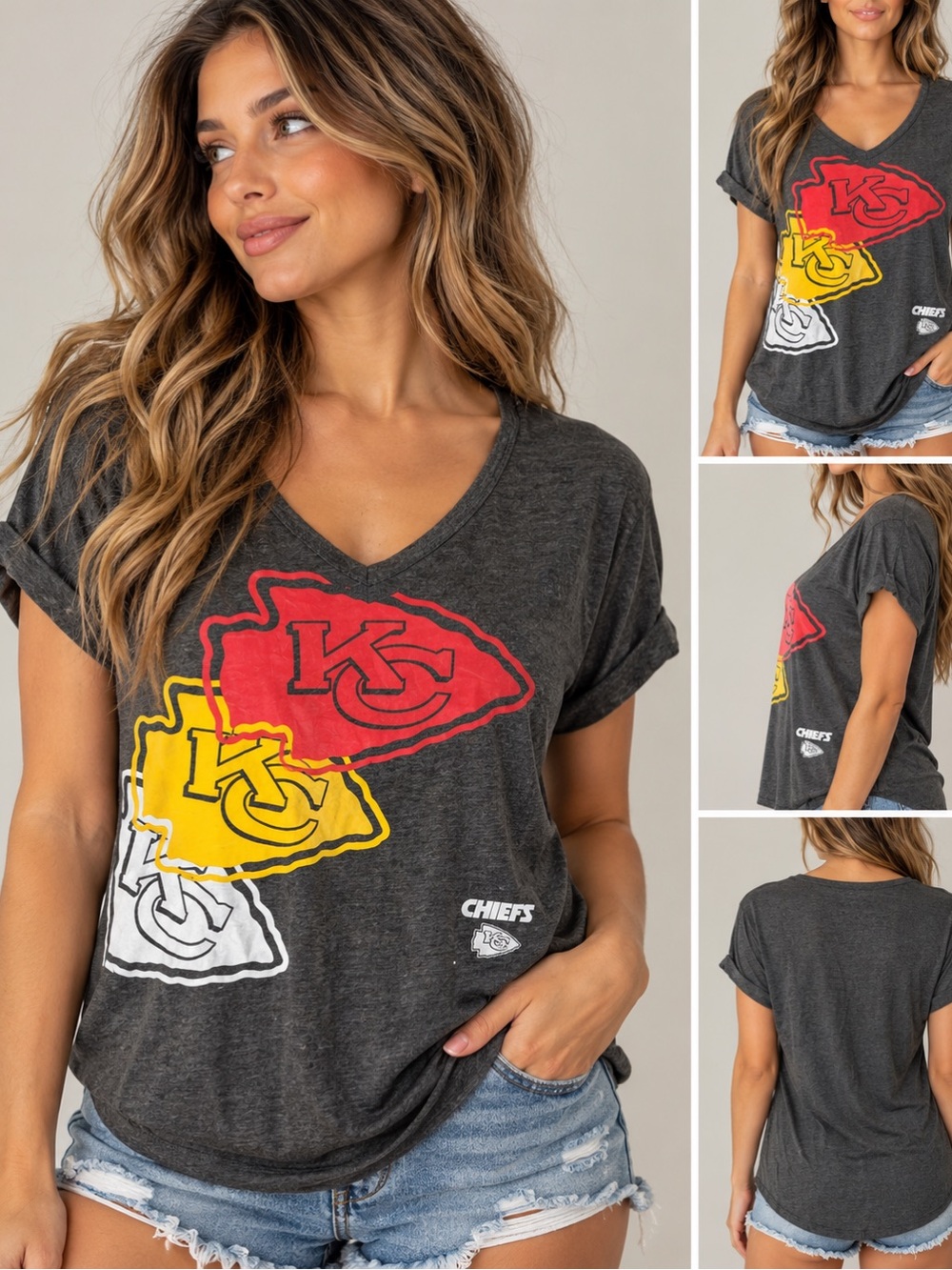 Kansas City Chiefs NFL Women’s L Gray V Neck Graphic T Shirt KC Football